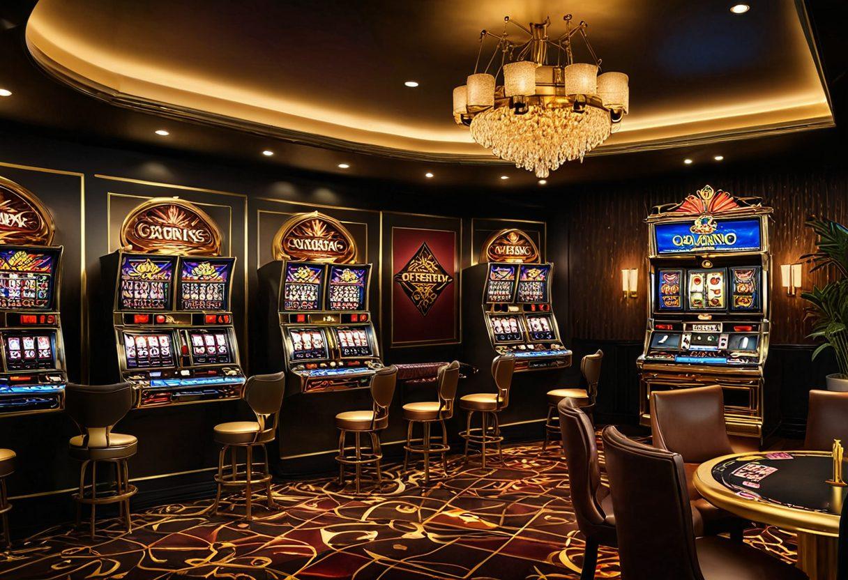 A sleek, modern casino lobby filled with a glowing slot machine displaying 'Free Spins', a VIP lounge area with plush seating and golden decor, and a beaming jackpot sign in the background. Super-realistic. Vibrant colors. High-end atmosphere.