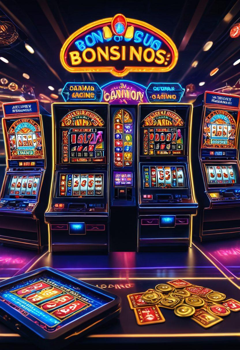 A dynamic scene of a virtual casino, bursting with bright lights and neon signs displaying 'Bonuses' and 'Promotions.' People are seen cheering with excitement, holding playing cards and chips. The background features slot machines and a roulette table, with gold coins cascading down like a waterfall. super-realistic. vibrant colors.